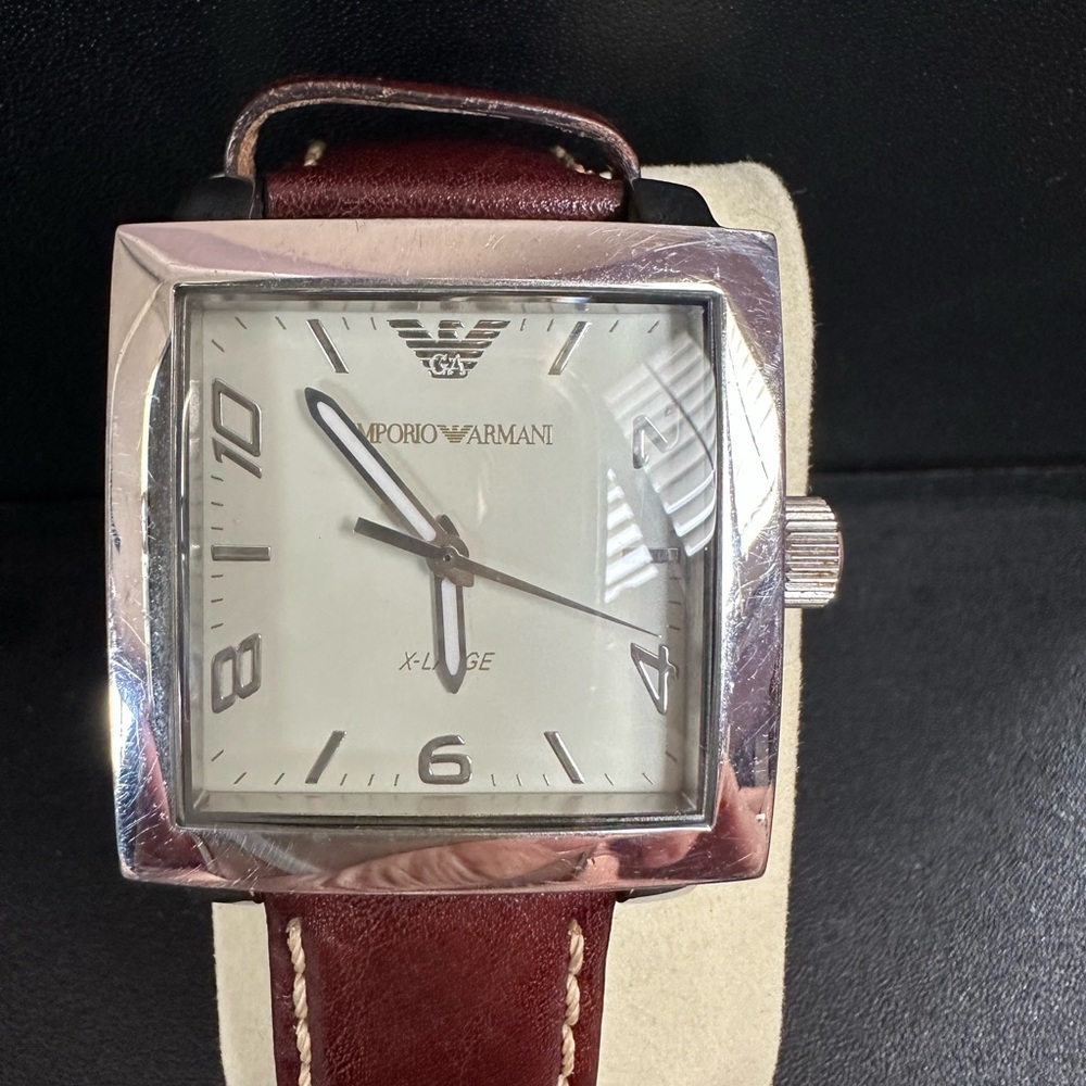 Emporio Armani Silver Watch with Rich Brown Strap